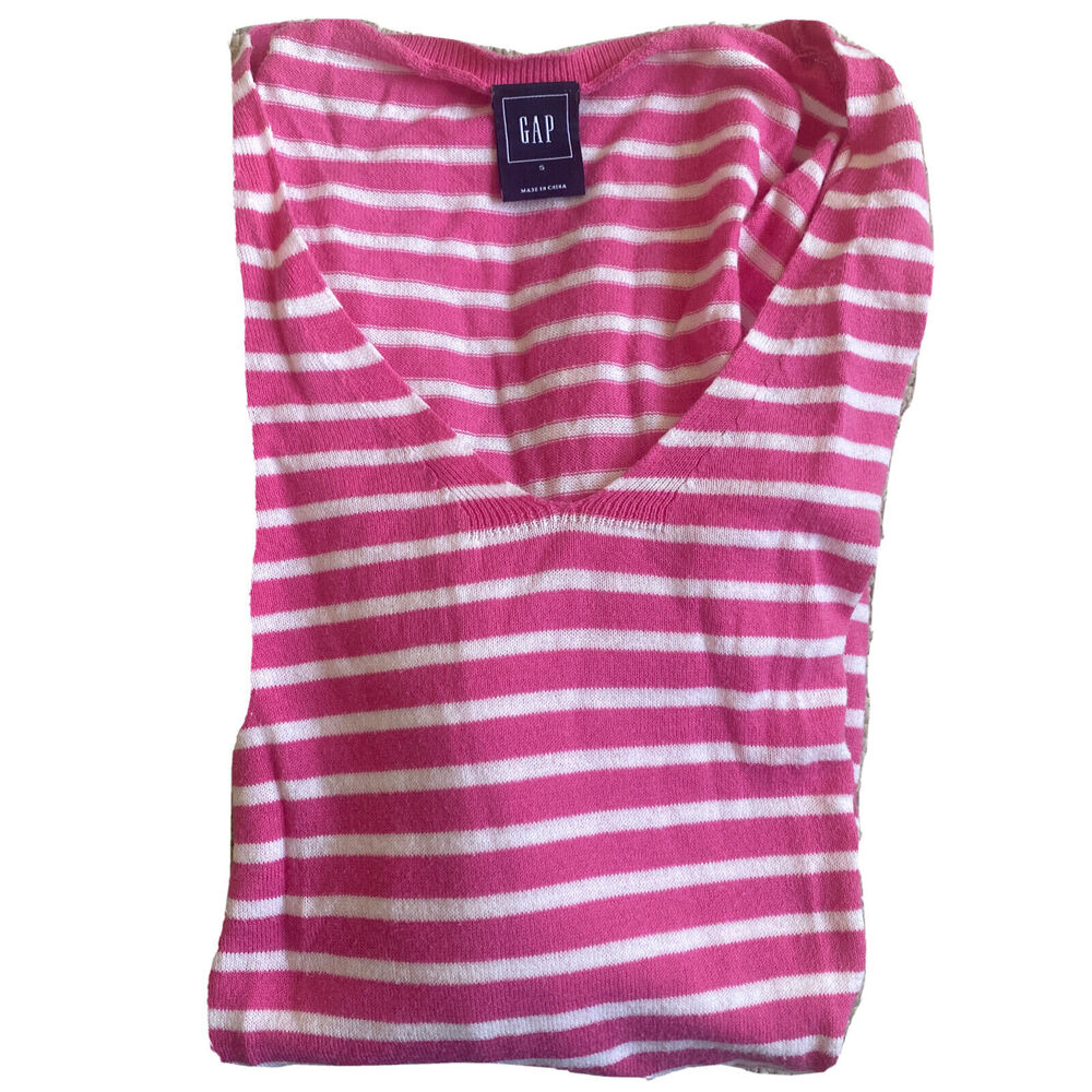 Gap Pink & White Striped Long Sleeve V Neck Shirt Size S